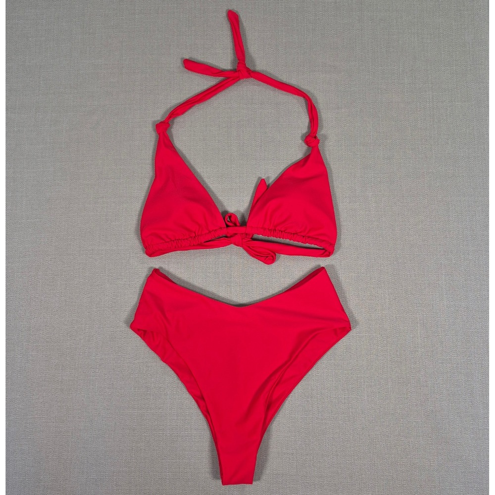 Red Bikini Set High Waisted Halter Triangle Top Size L New